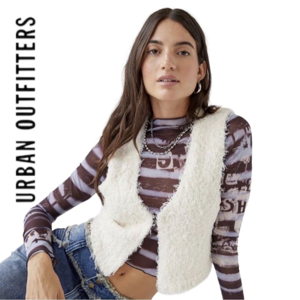 Urban Outfitters Cream Fuzzy Vest with Brown Patterned Top